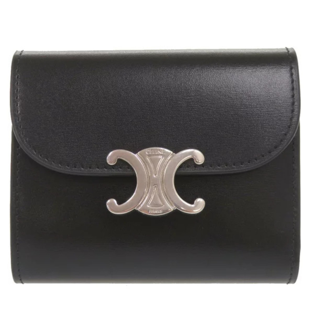 Celine Flap Wallet Triomphe Leather Black Tri fold